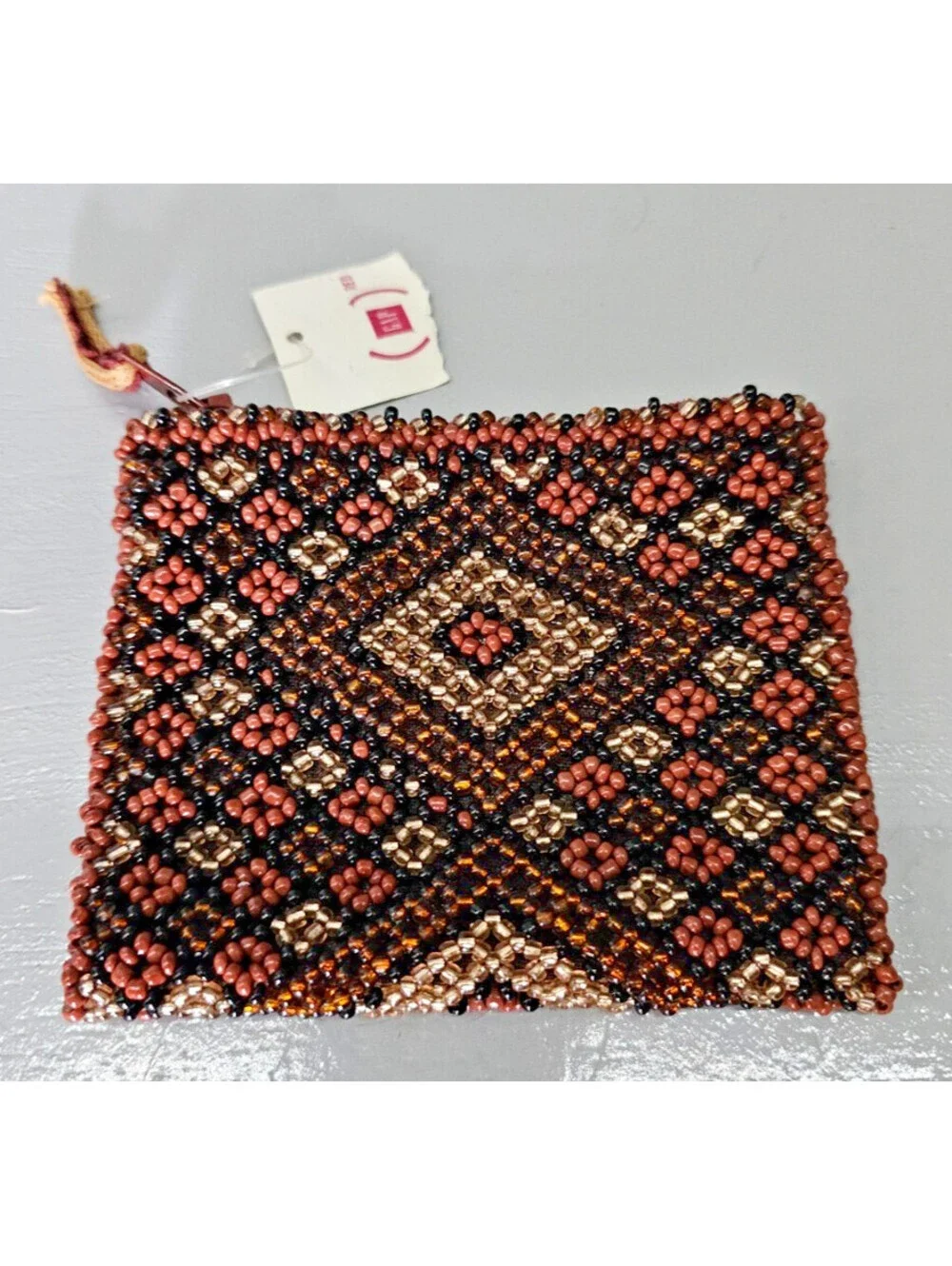 Gap Red Beaded Coin Purse Zip Pouch Brown Black Tribal Geometric NWT